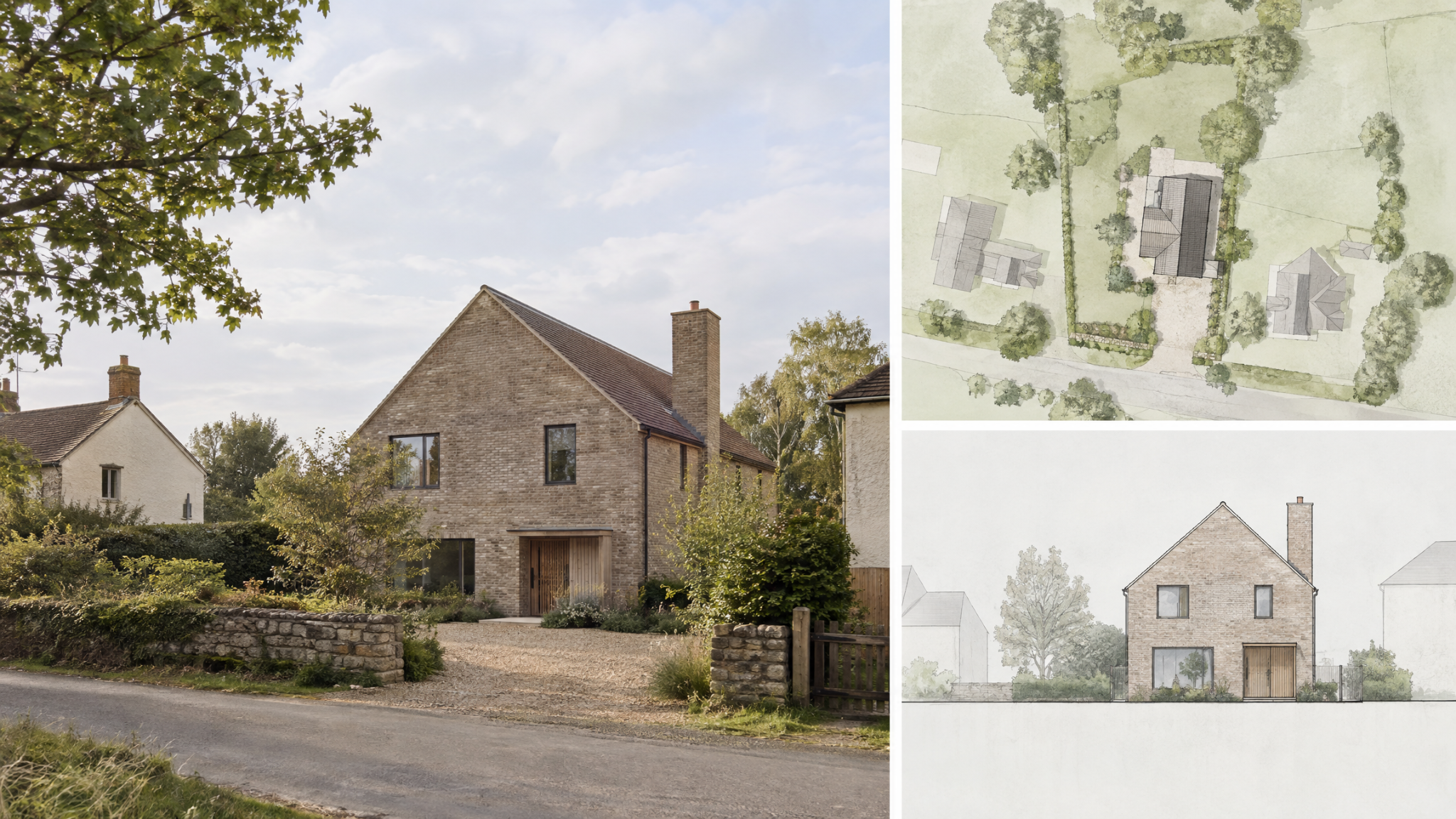 British new-build home shown with a site plan and front elevation study.