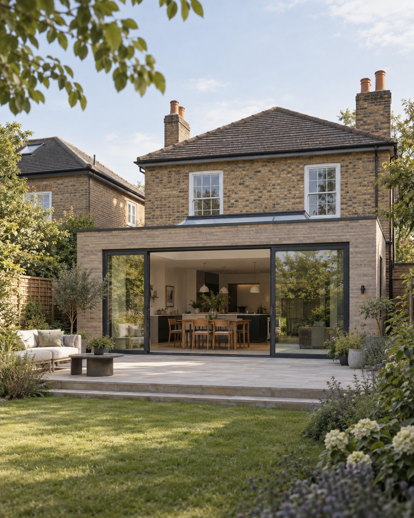 Detached brick home with a contemporary rear extension and large sliding doors facing the garden.