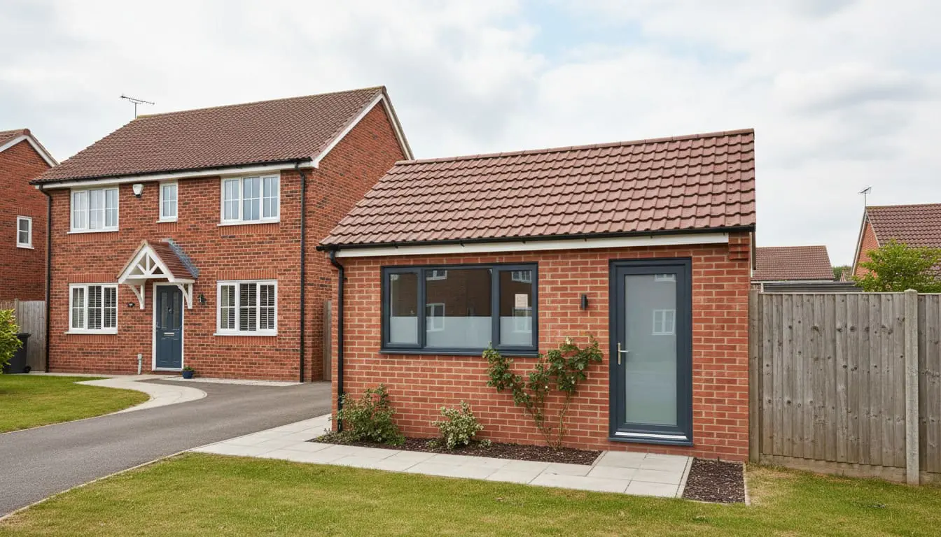 Converted single-storey brick garage with residential window and entrance positioned separately beside a two-storey British home.