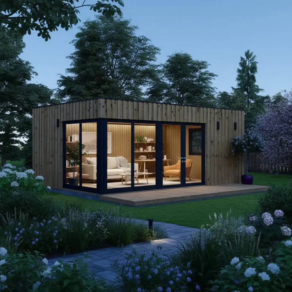 Square view of a timber garden room with glazed frontage, seating and a flexible work-and-living interior at dusk.
