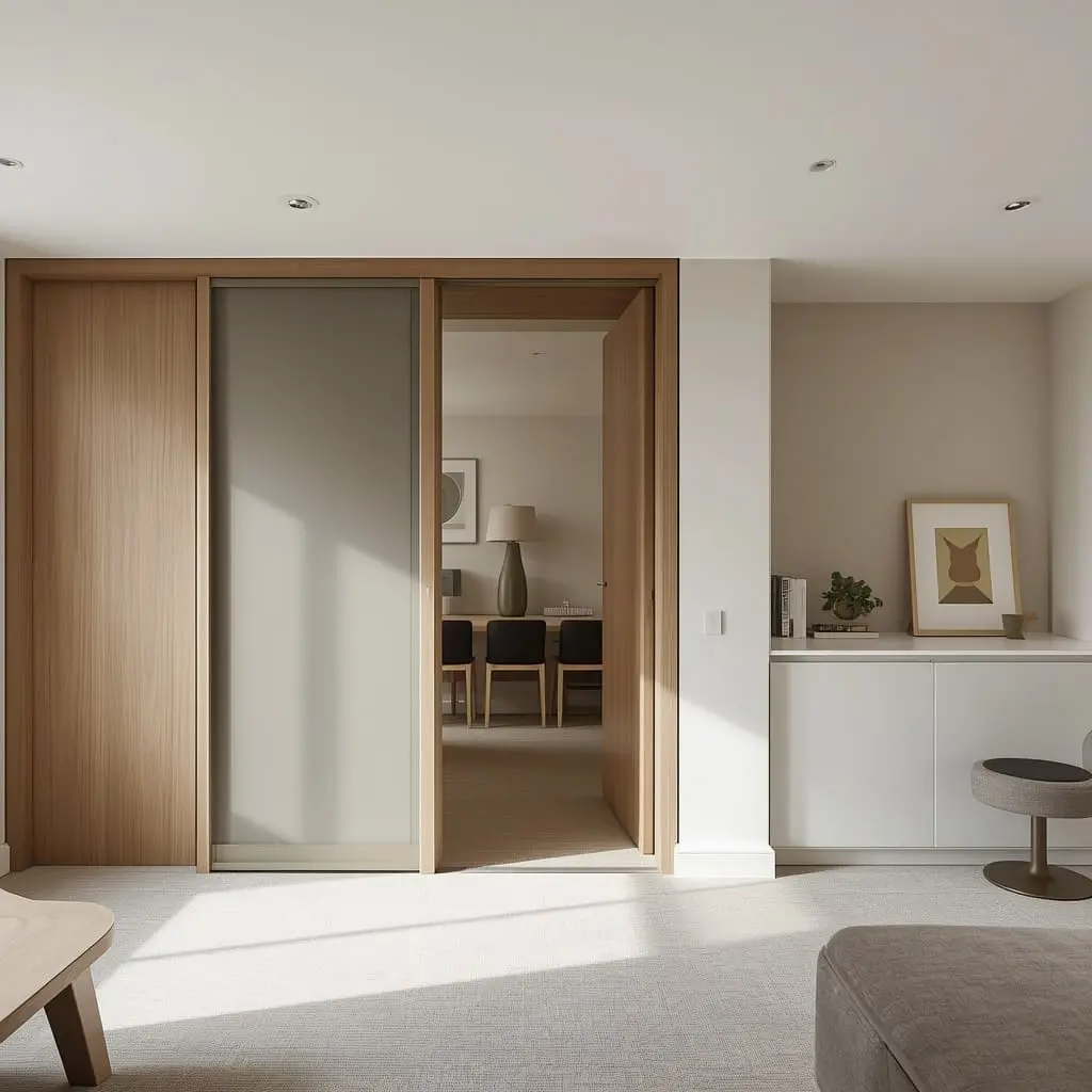 Calm living space with a sliding screen opening to a separate room beyond.