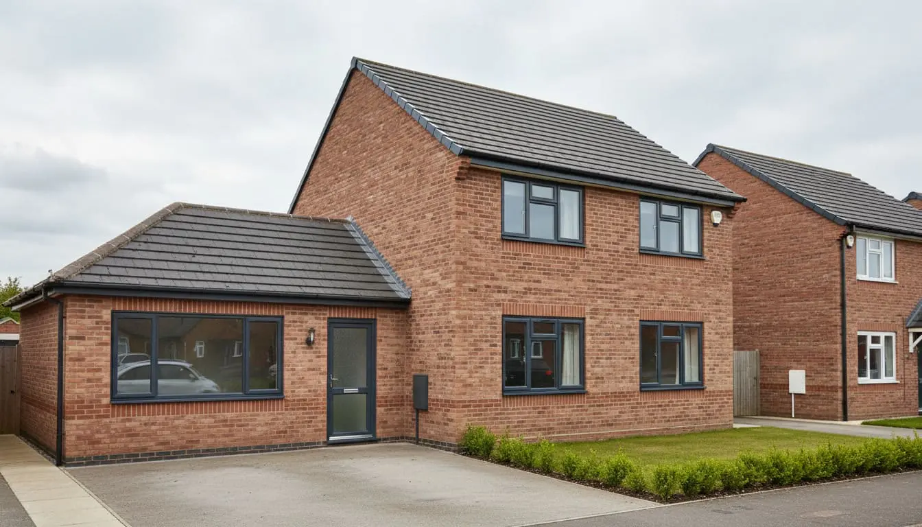 British brick house with the full width of an attached garage converted into habitable accommodation with a large residential window and separate door.
