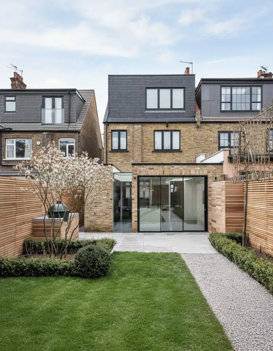 Rear garden view of a British house with a full-width dormer loft conversion and glazed ground-floor extension.