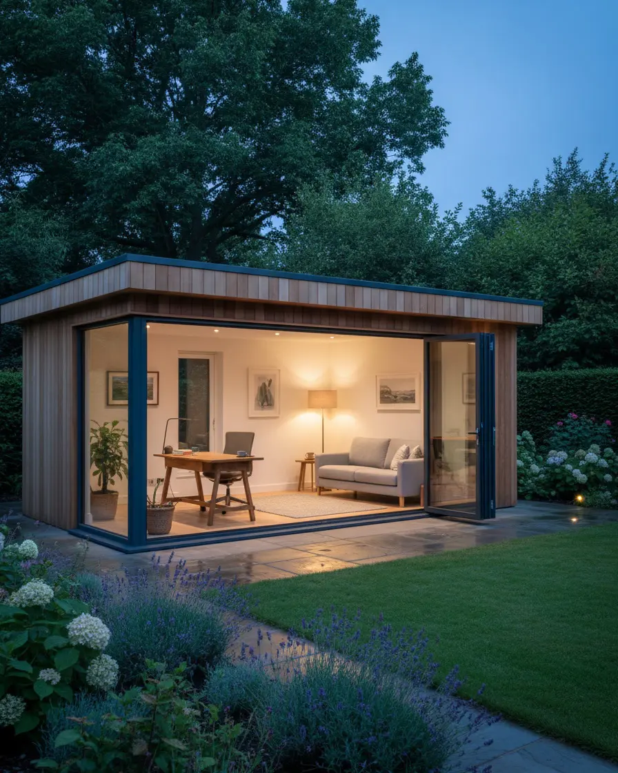 Portrait view of a timber garden room reached by a paved garden path through mature planting.