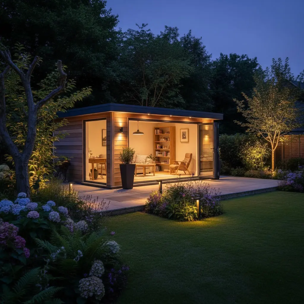 Square evening view of a timber garden room with warm interior light surrounded by mature planting and lawn.