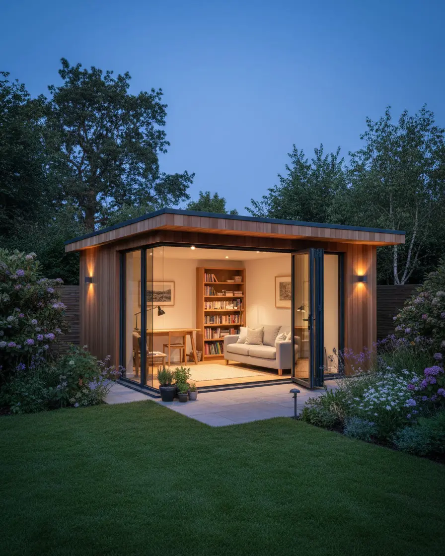 Portrait view of a timber garden room with broad sky, lawn and surrounding planting in the early evening.