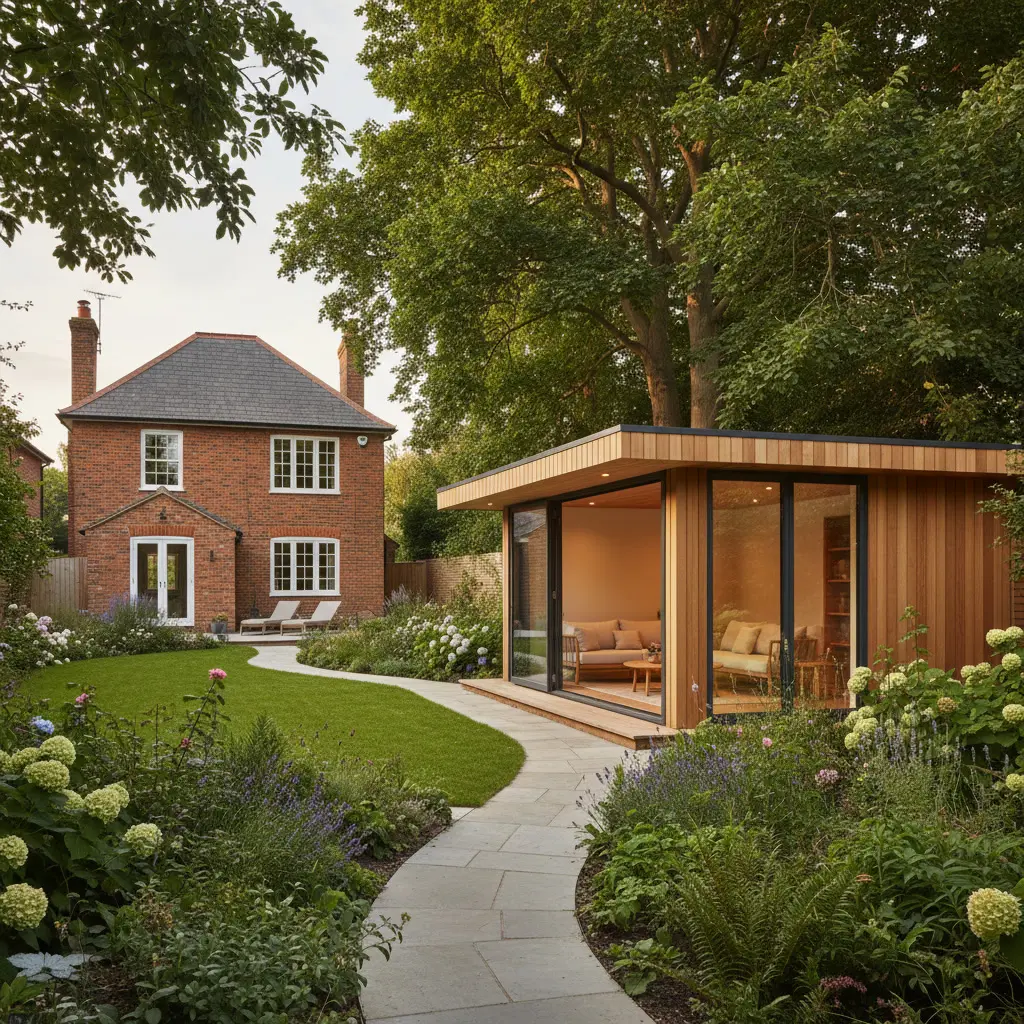 Square architectural view showing a timber garden room, existing brick house and connecting garden path.