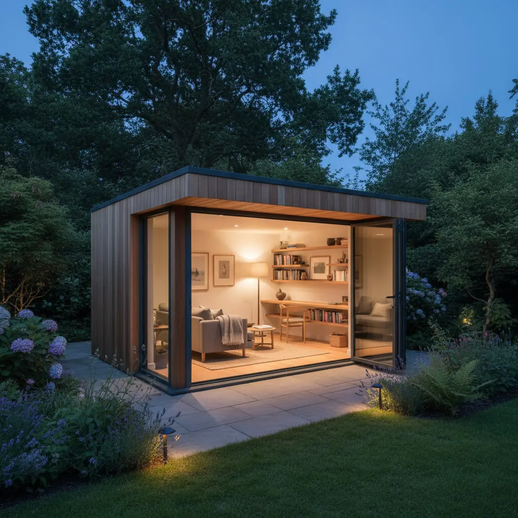 Square view of a timber garden room with open glazed frontage, shelving, seating and a flexible studio-like interior.