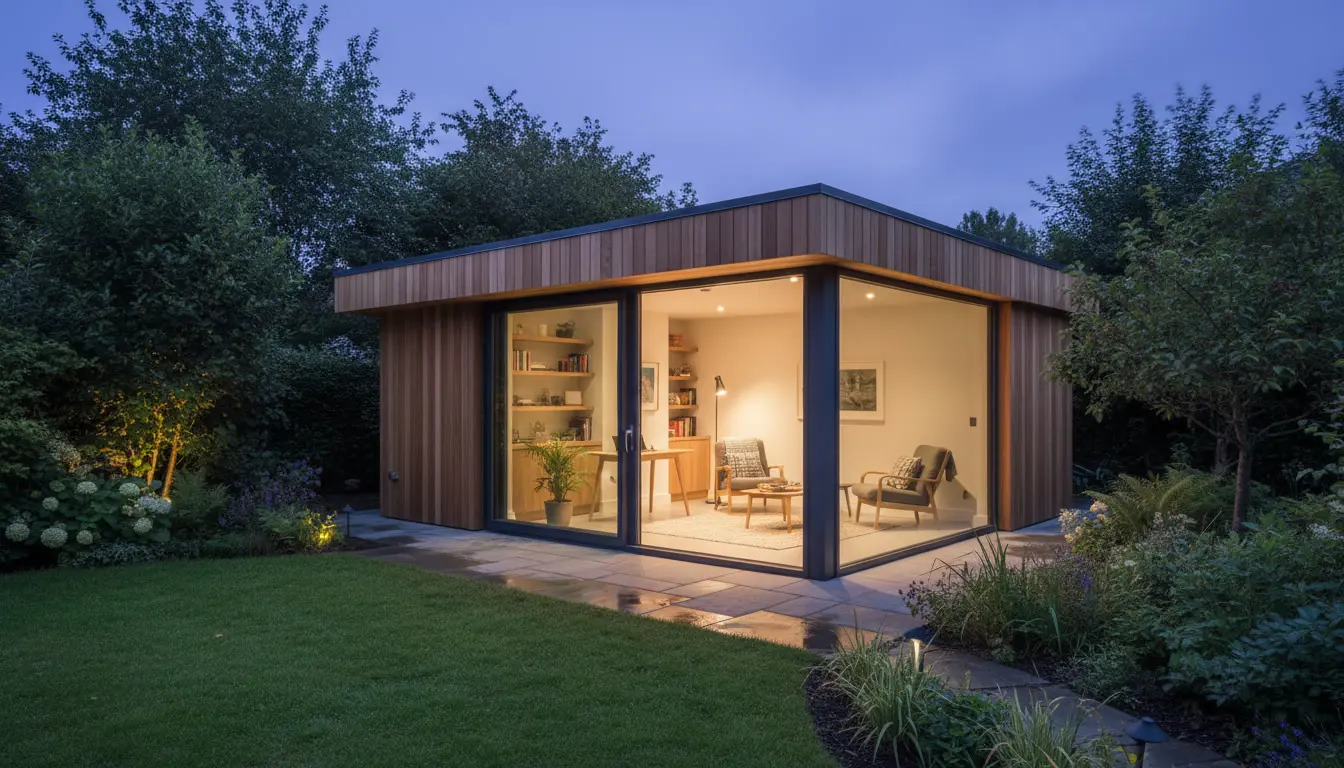 Timber-clad garden room with wraparound glazing and warm interior light in a mature garden at dusk.
