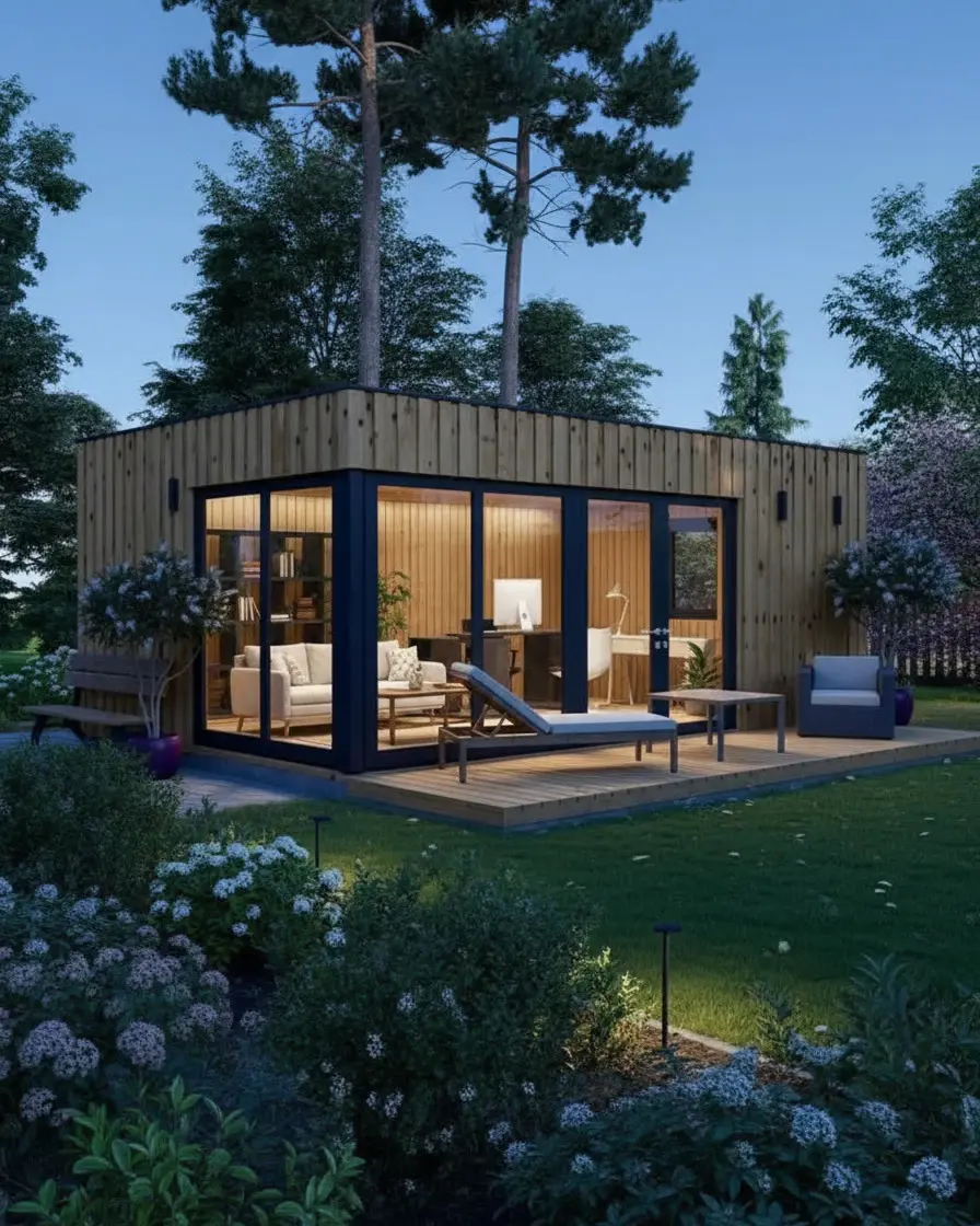 Portrait view of a timber garden room framed by mature planting and trees at the edge of a residential garden.