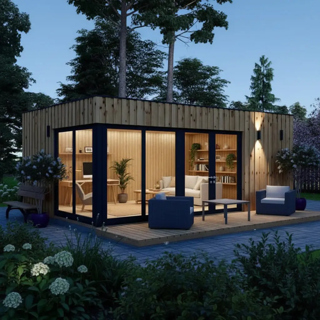 Square view of a timber garden room with desk, seating and full-height glazing in a mature garden.