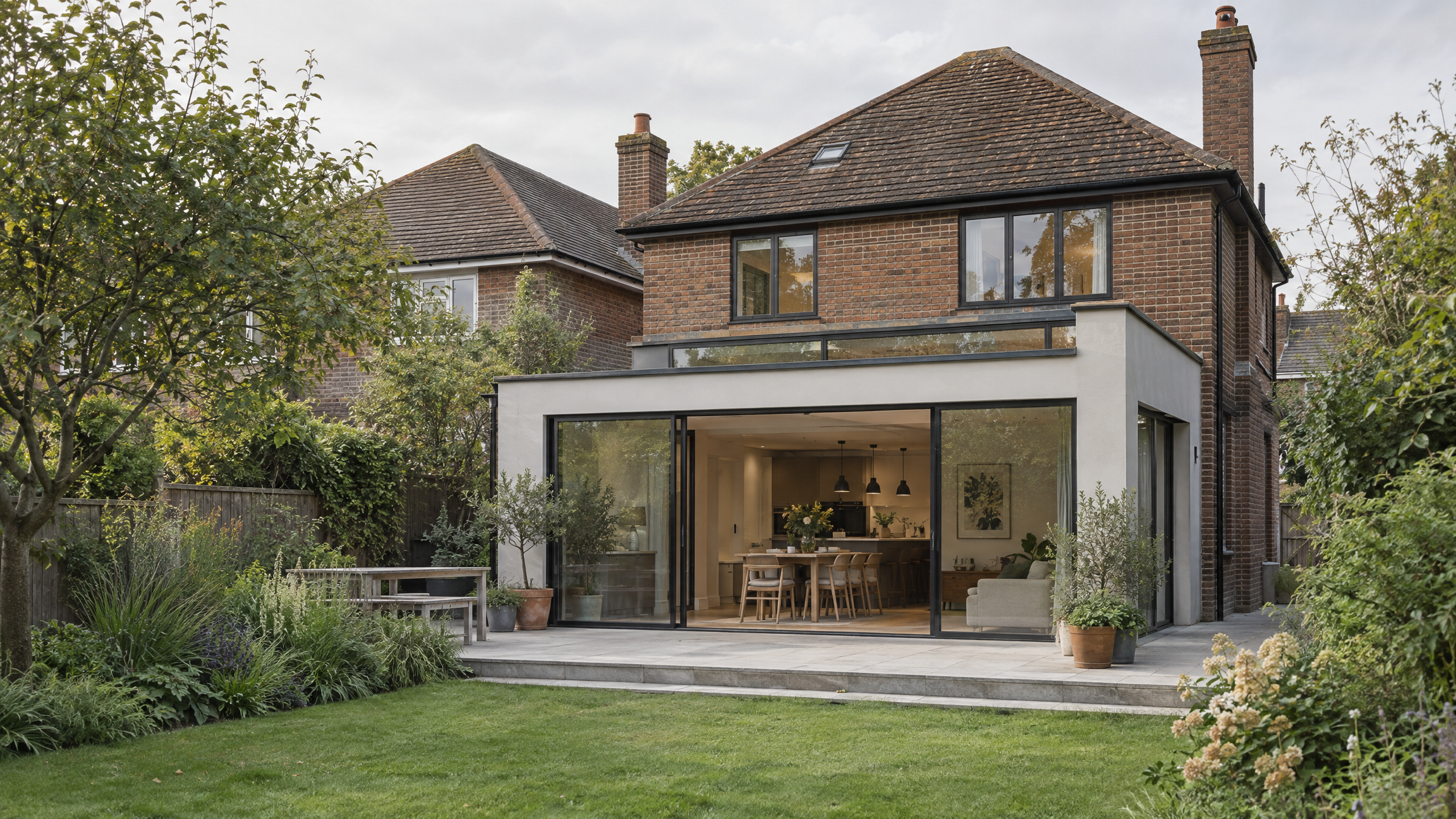 Rear view of a British brick home with a contemporary ground-floor extension opening onto the garden