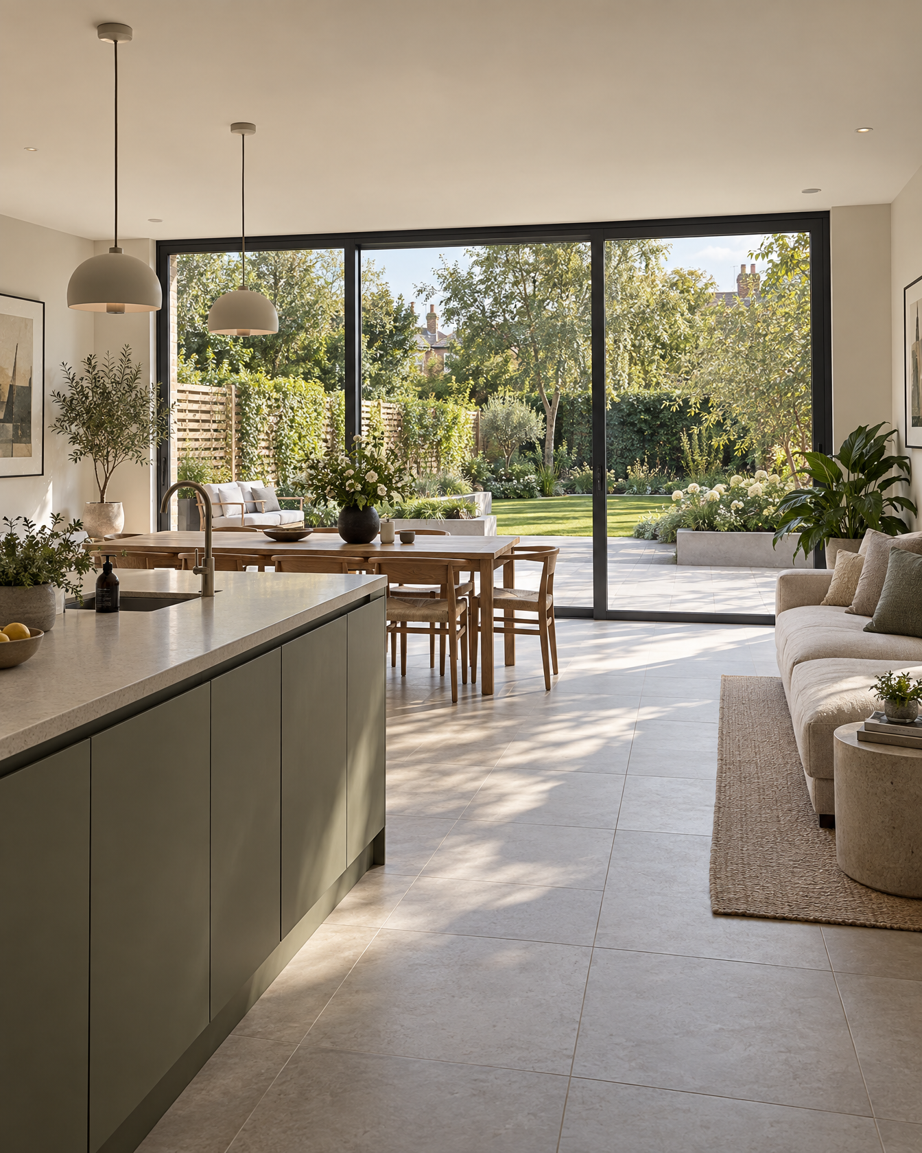 Open-plan kitchen, dining and living space with daylight, clear circulation and glazing opening to the garden
