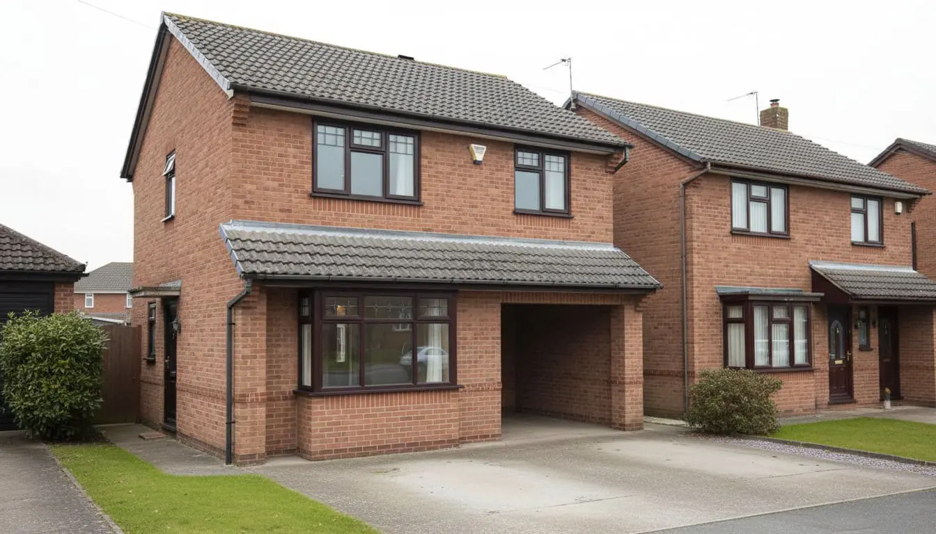 Two-storey British brick house with a former integral garage bay converted into a residential room beneath the first floor.