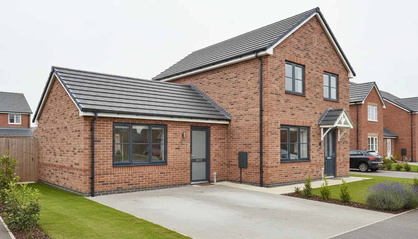 British brick house with an attached former garage converted into a habitable room with residential glazing and a separate entrance.