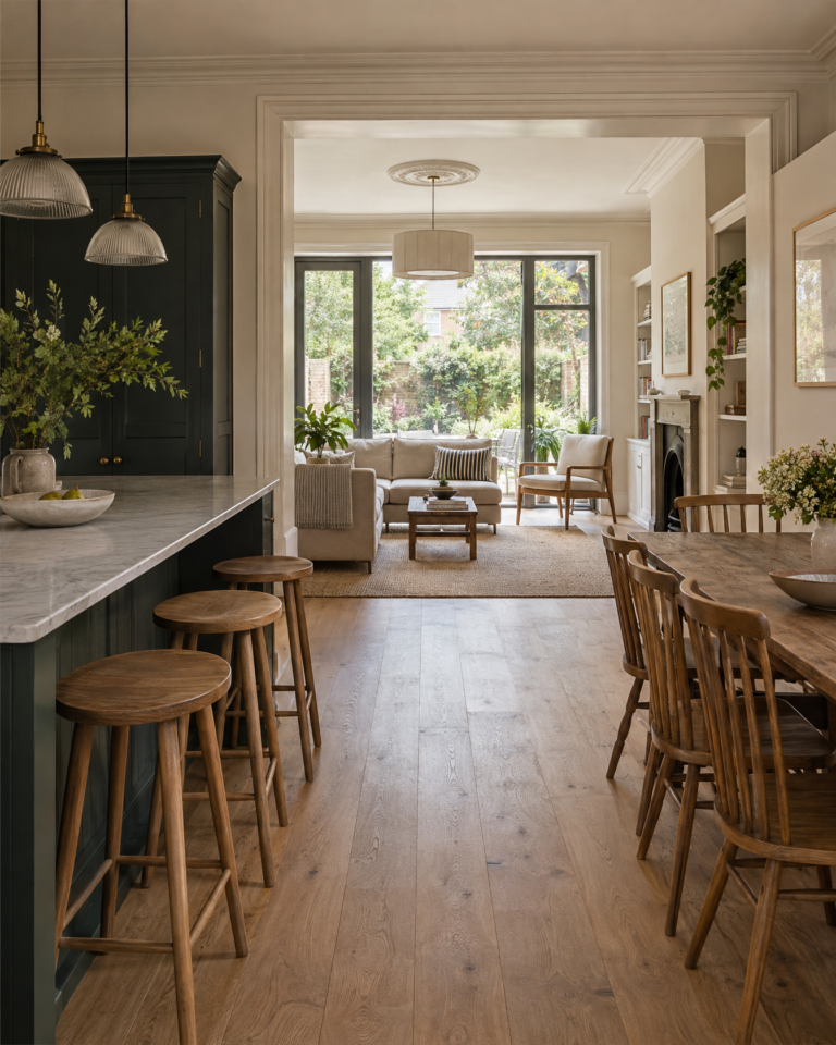 Kitchen dining living space with garden connection