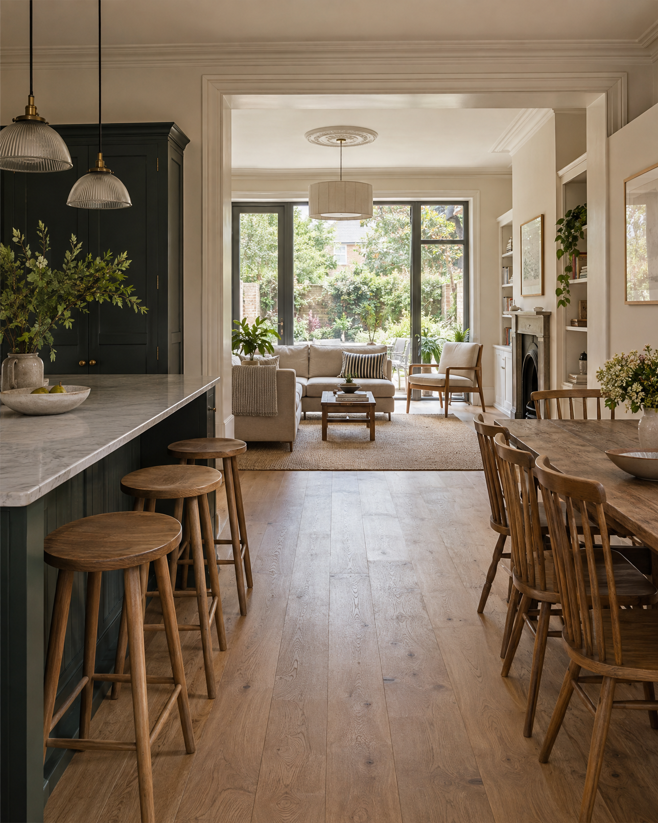 Open-plan kitchen, dining and living space with soft daylight and doors opening to the garden.
