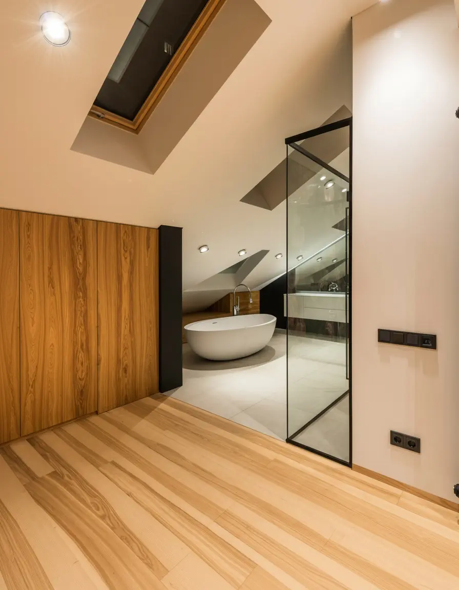Loft bathroom with sloping ceiling, rooflight, timber storage, freestanding bath and glazed shower.