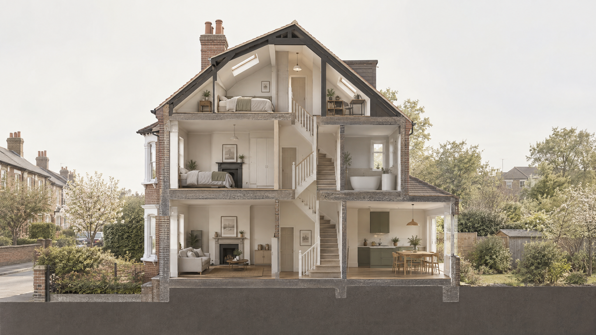 Sectional cut-away of a British home showing a loft conversion connected by stairs to the floors below.