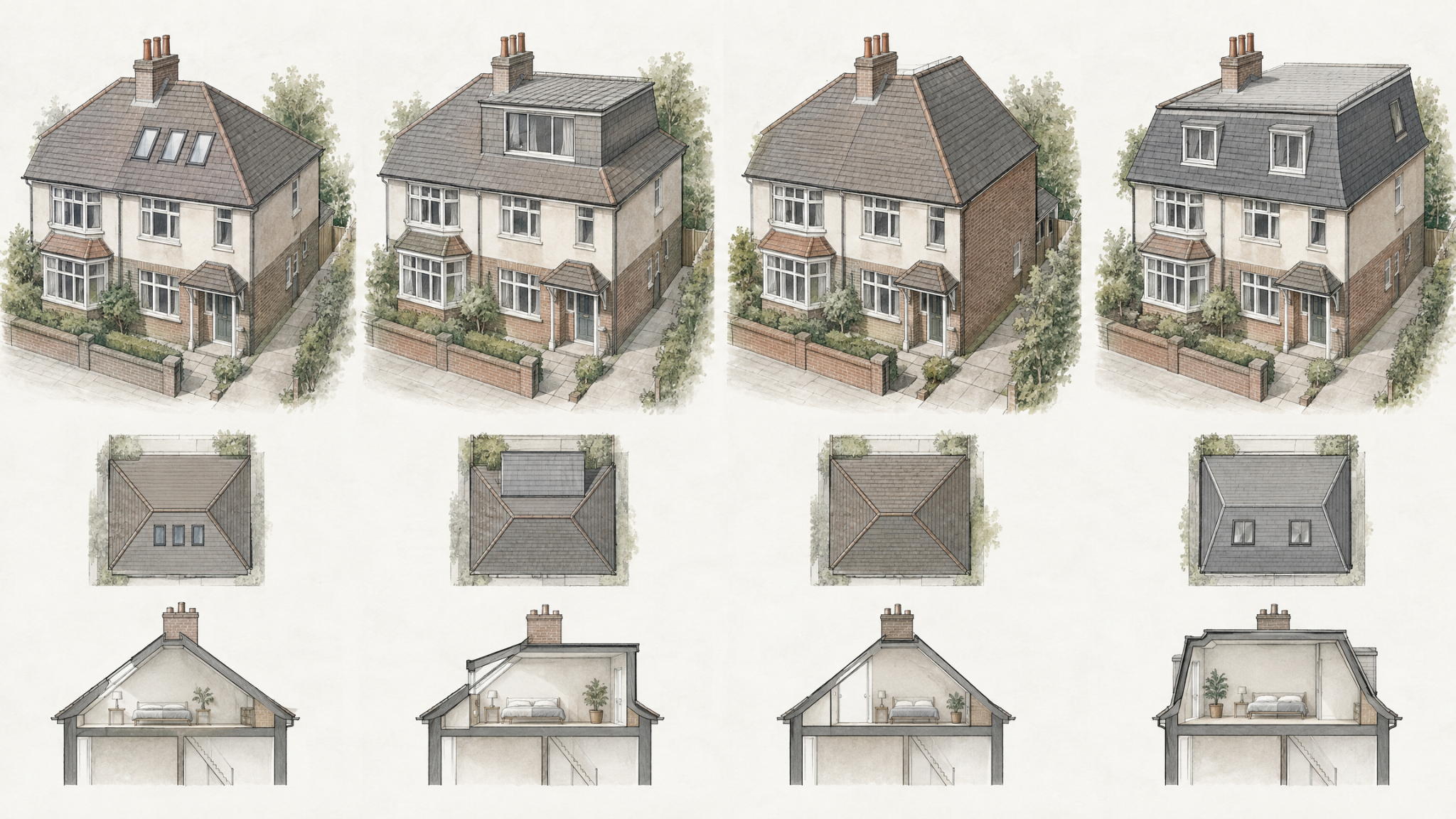 Architectural study showing rooflight, dormer, hip-to-gable and mansard loft conversion options.