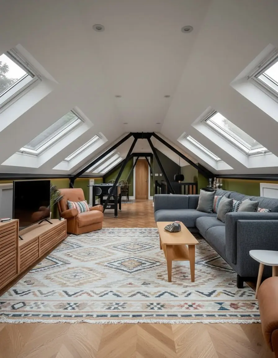 Loft living room with multiple rooflights, exposed dark structure, sofa seating and timber flooring.