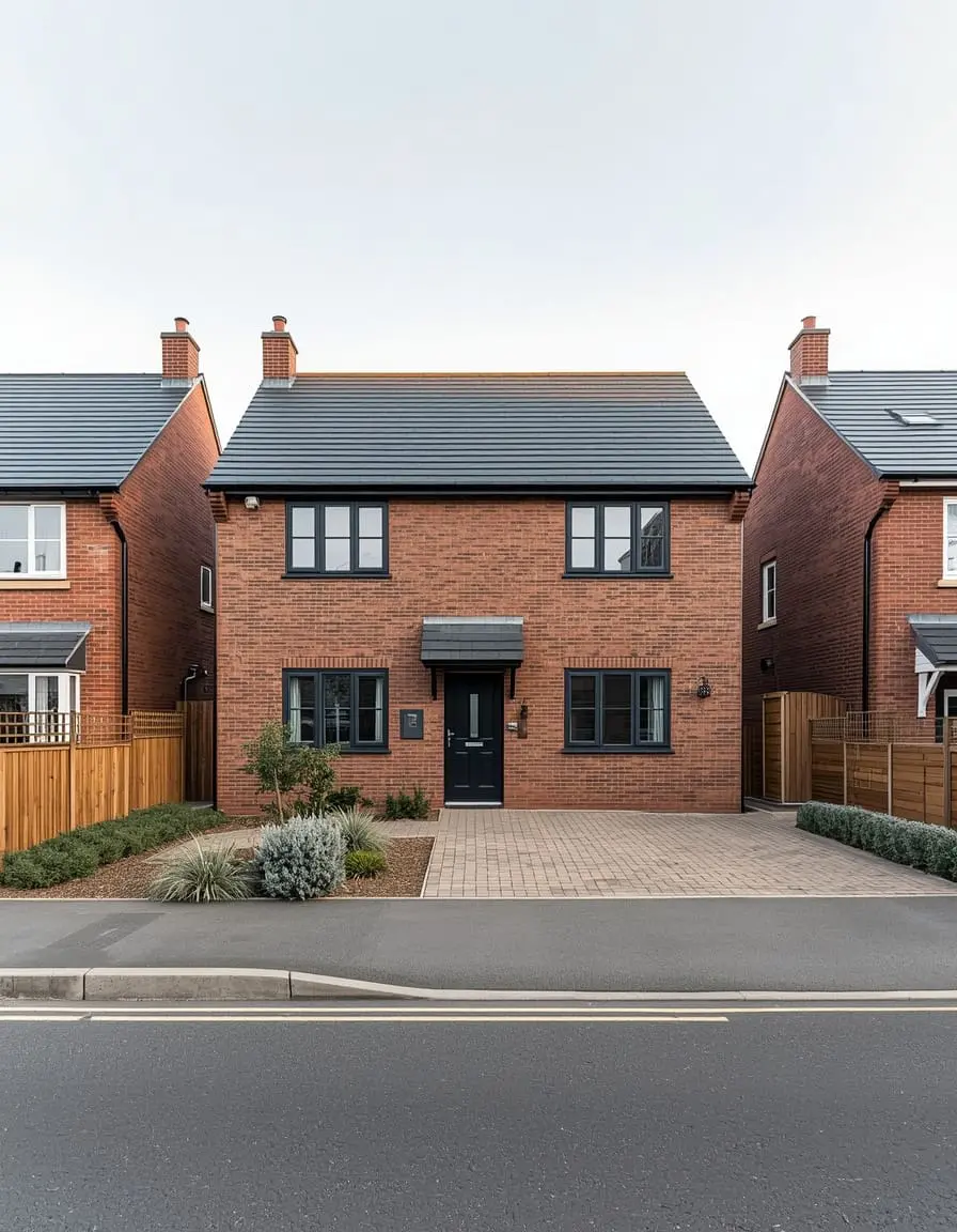Front view of a contemporary brick home with driveway, front door and clear pedestrian approach.