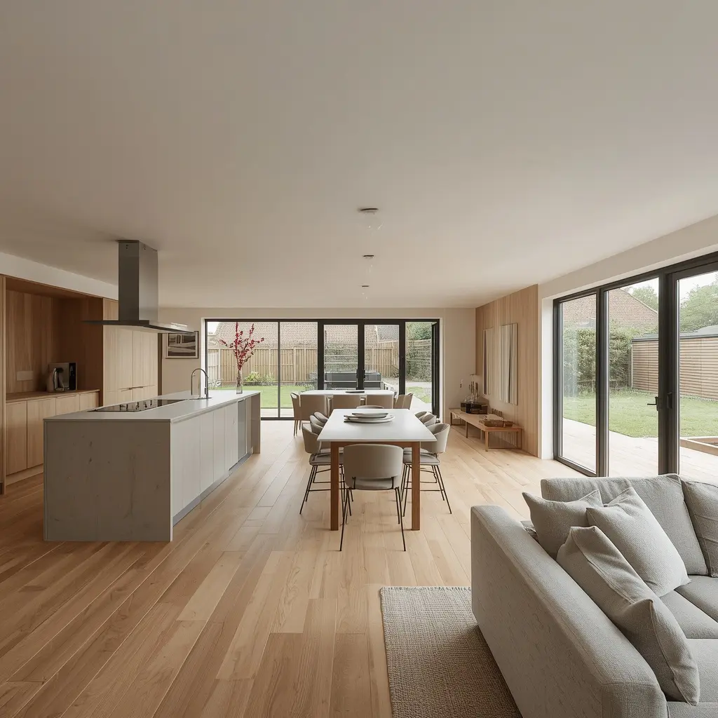 Open-plan kitchen, dining and living space with clear circulation and garden connections.