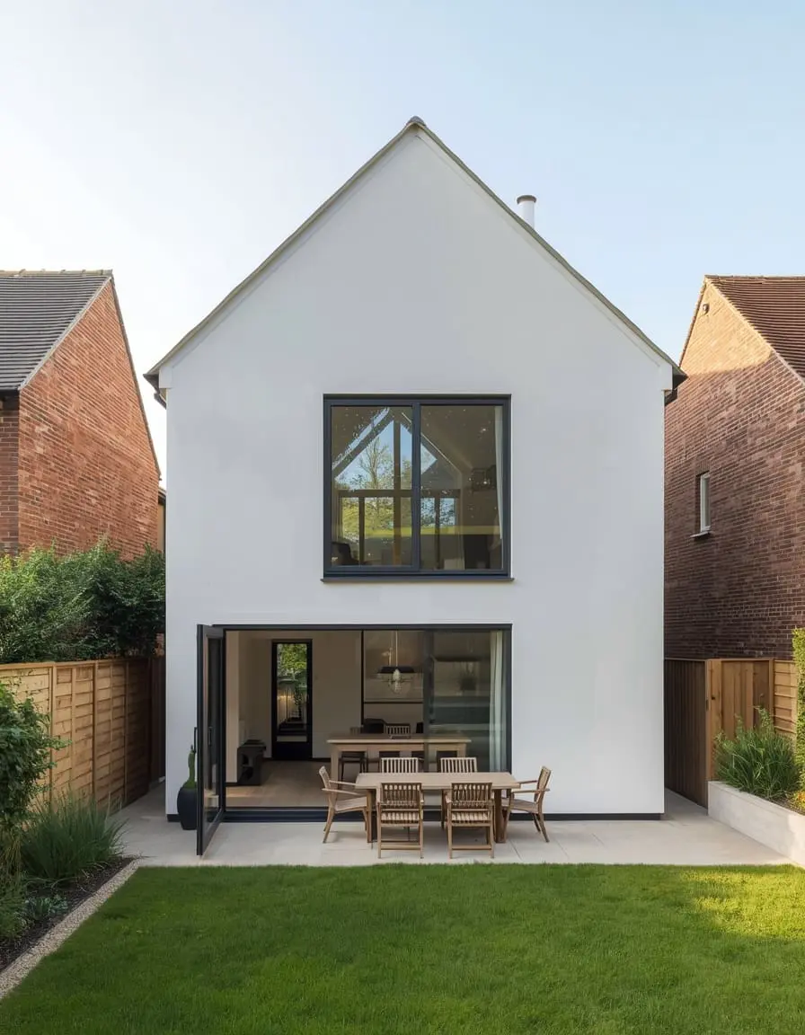 Rear view of a contemporary British home opening toward a garden with large glazed doors.