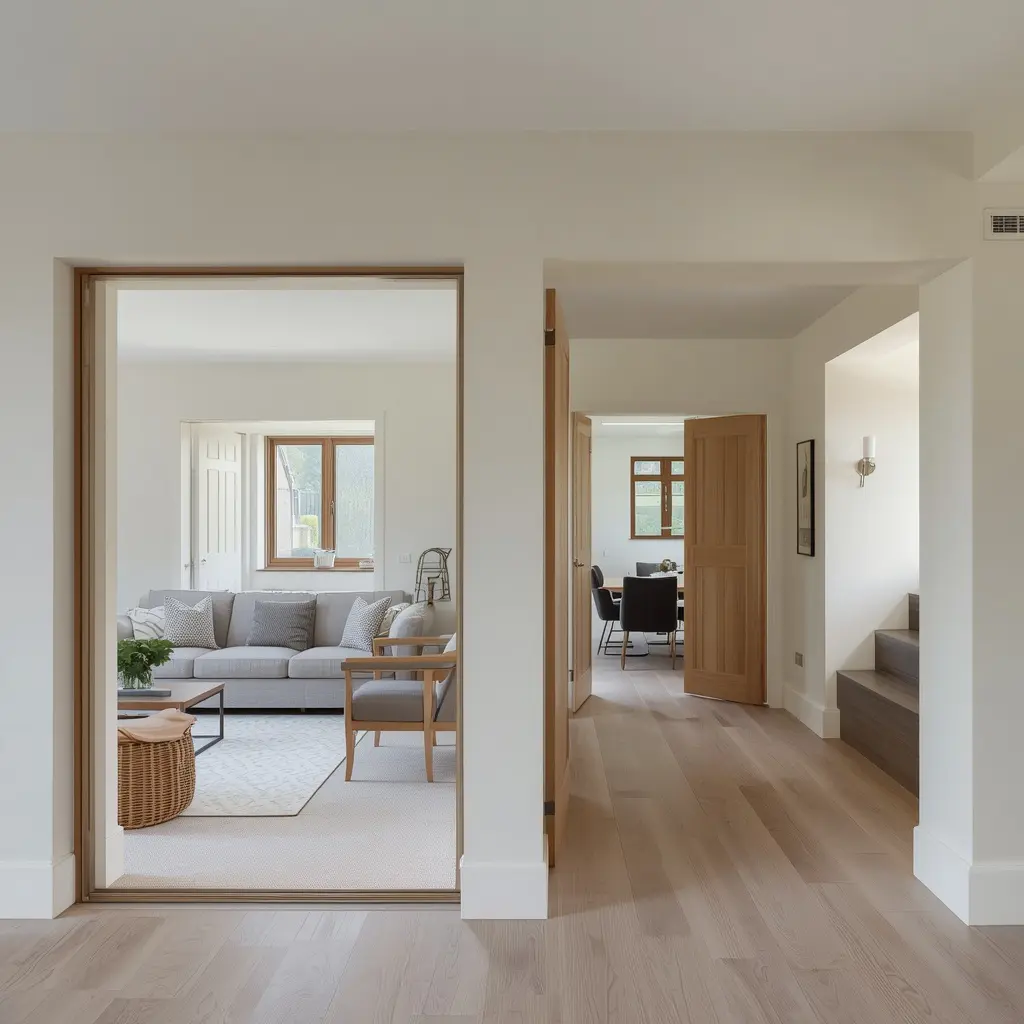 Connected rooms with framed openings creating separation between living and dining spaces.