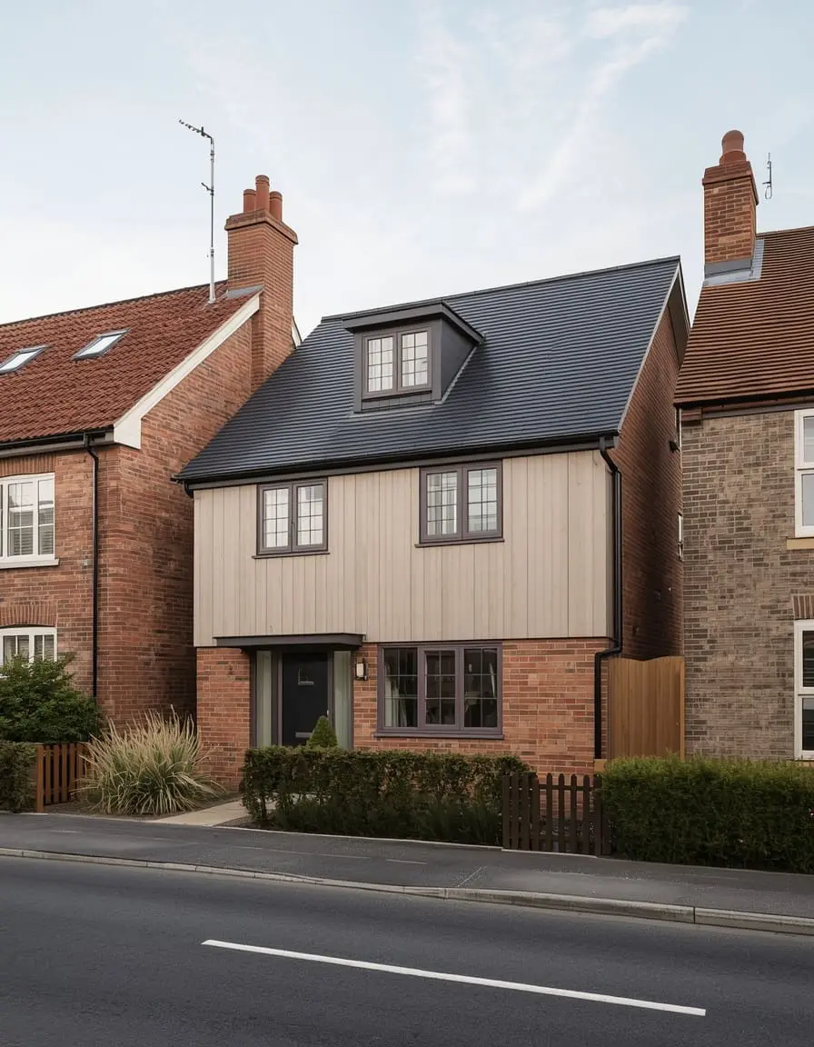 Contemporary timber-and-brick home positioned between established neighbouring houses on a British street.