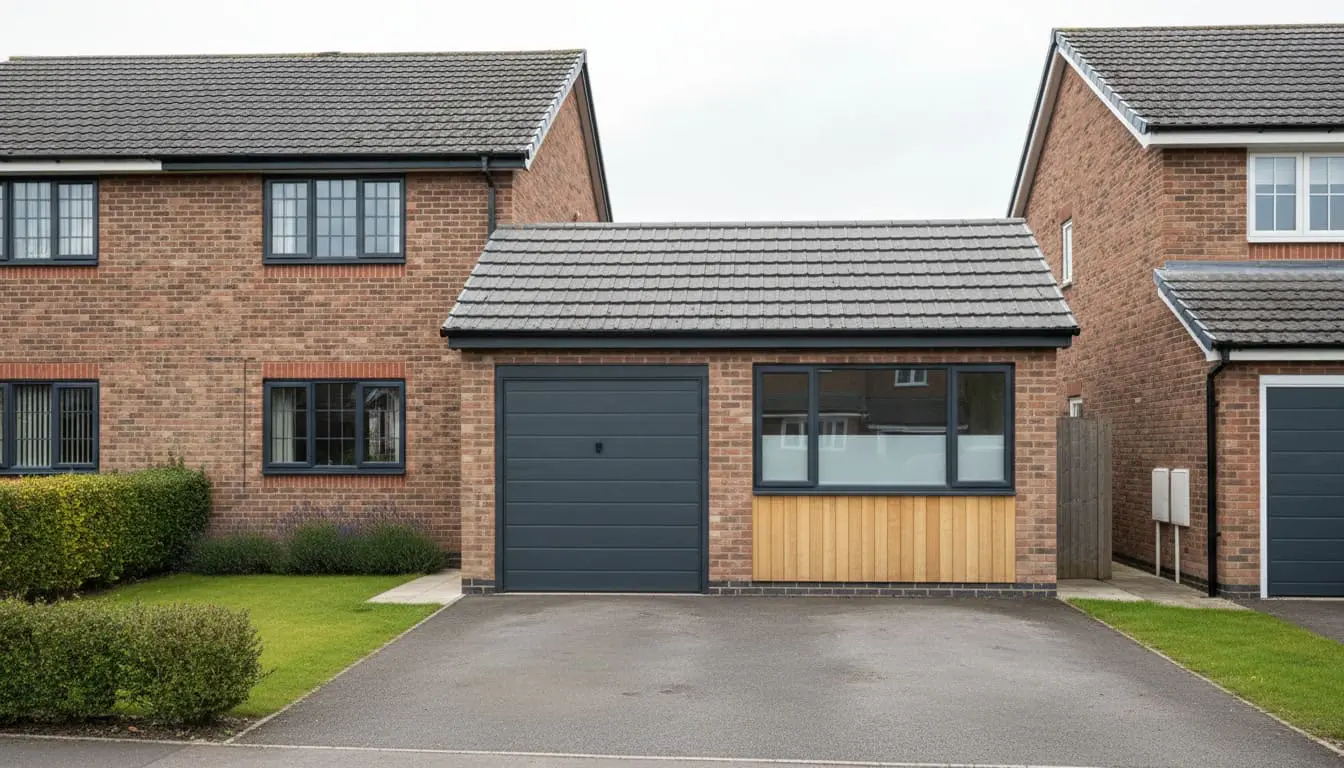 Detached garage frontage split between a retained garage door and a residential window, illustrating partial conversion.