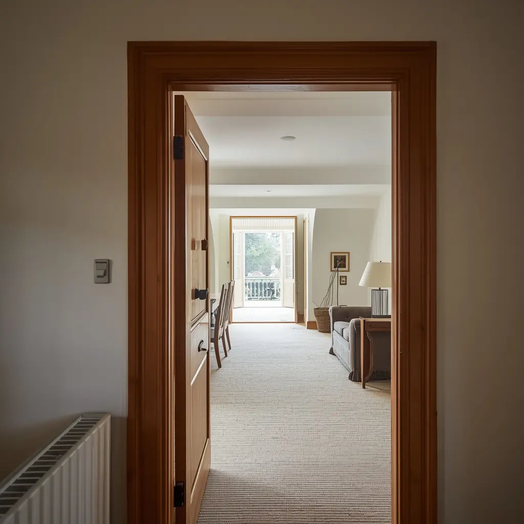View through a period-home doorway into a calm contemporary living space.