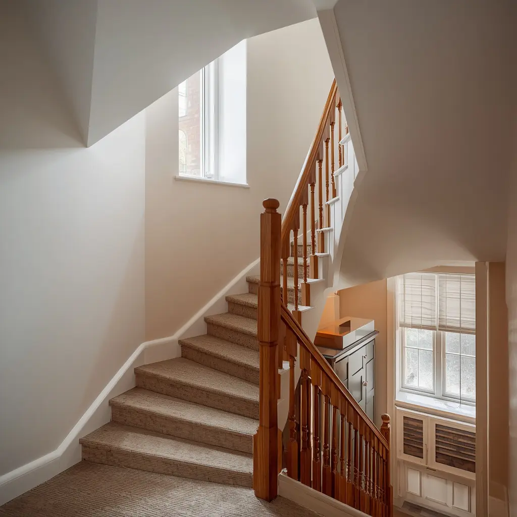 Traditional residential staircase lit naturally within a period home interior.