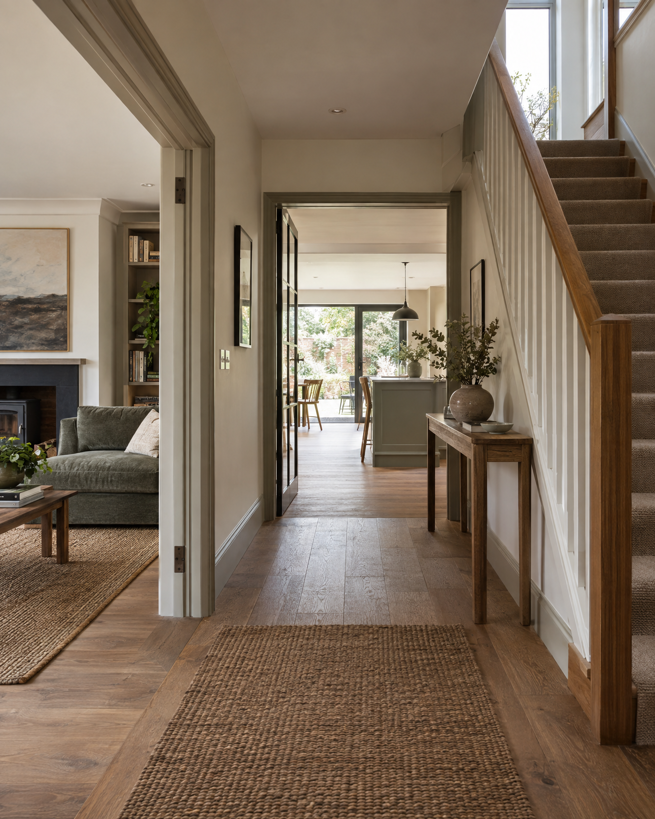 Hallway with staircase and a long view through a bright reconfigured family home.