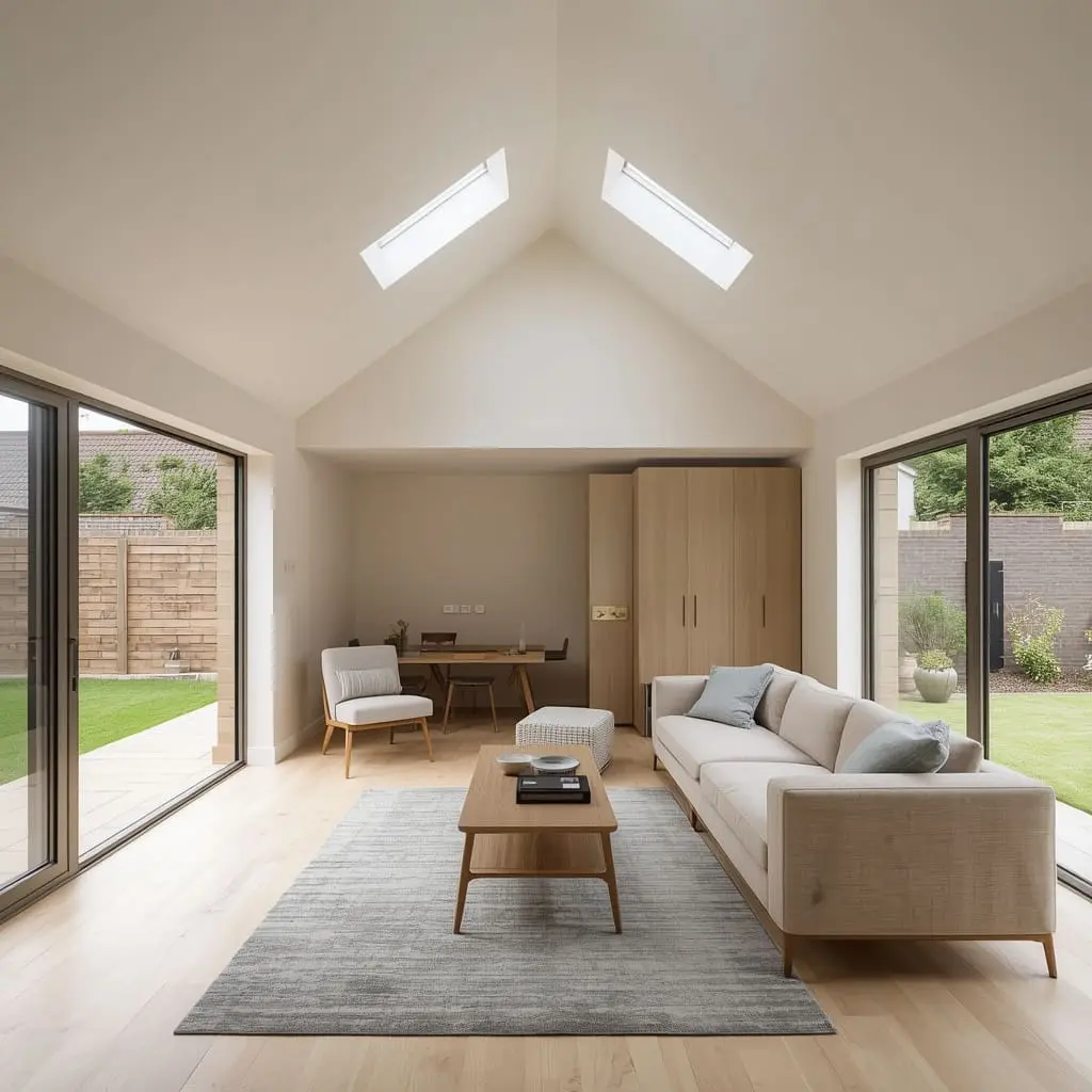 Simple pitched-roof living room with rooflights, restrained finishes and direct garden access.