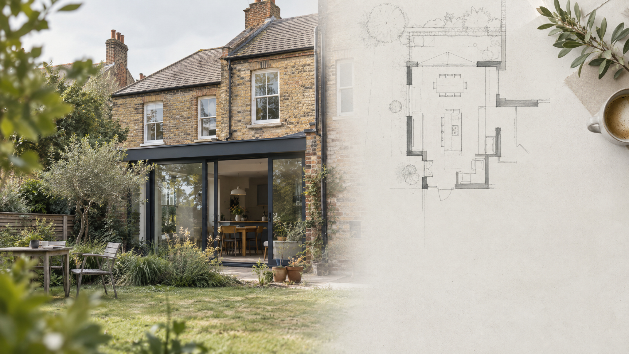 British brick home with a contemporary rear intervention shown beside a simple floor plan fragment.