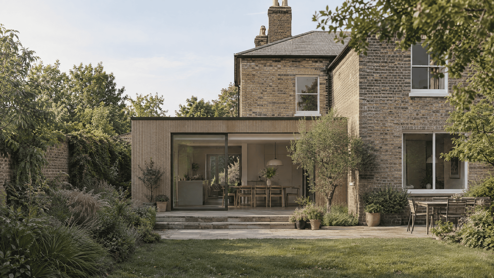 Period brick home with a timber-clad rear extension opening onto the garden.