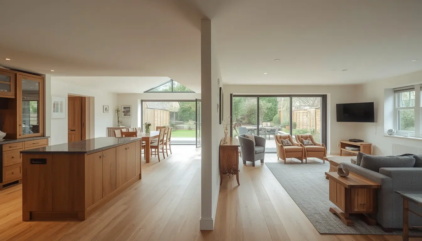 Renovated kitchen and living spaces opening through wide glazing to a rear garden.