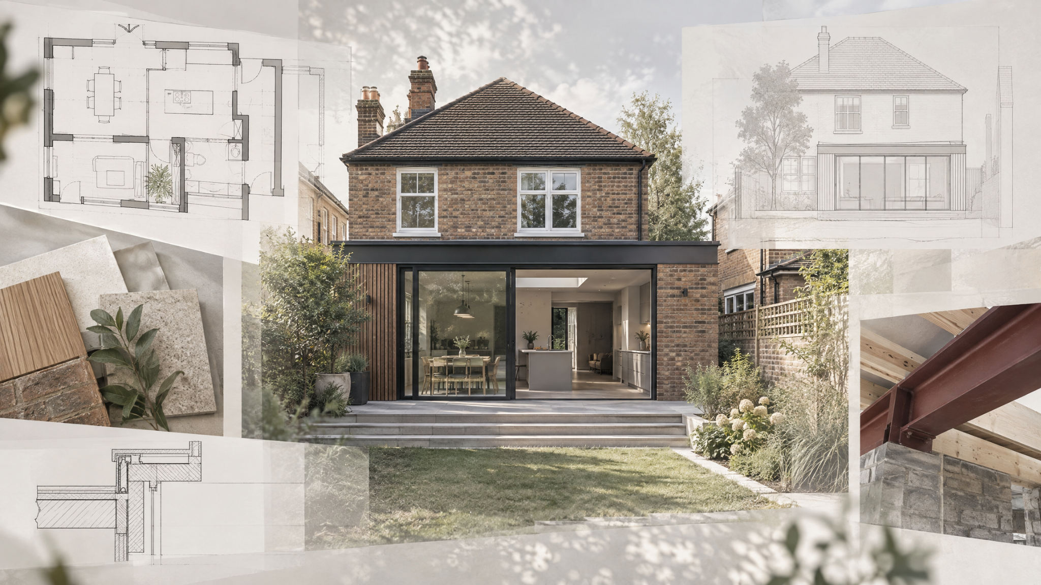 Residential extension shown with layered architectural drawings, material samples and structural detail imagery.