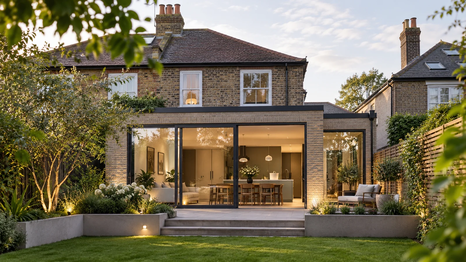 Rear garden view of a brick home with a contemporary glazed extension and open-plan kitchen living space.