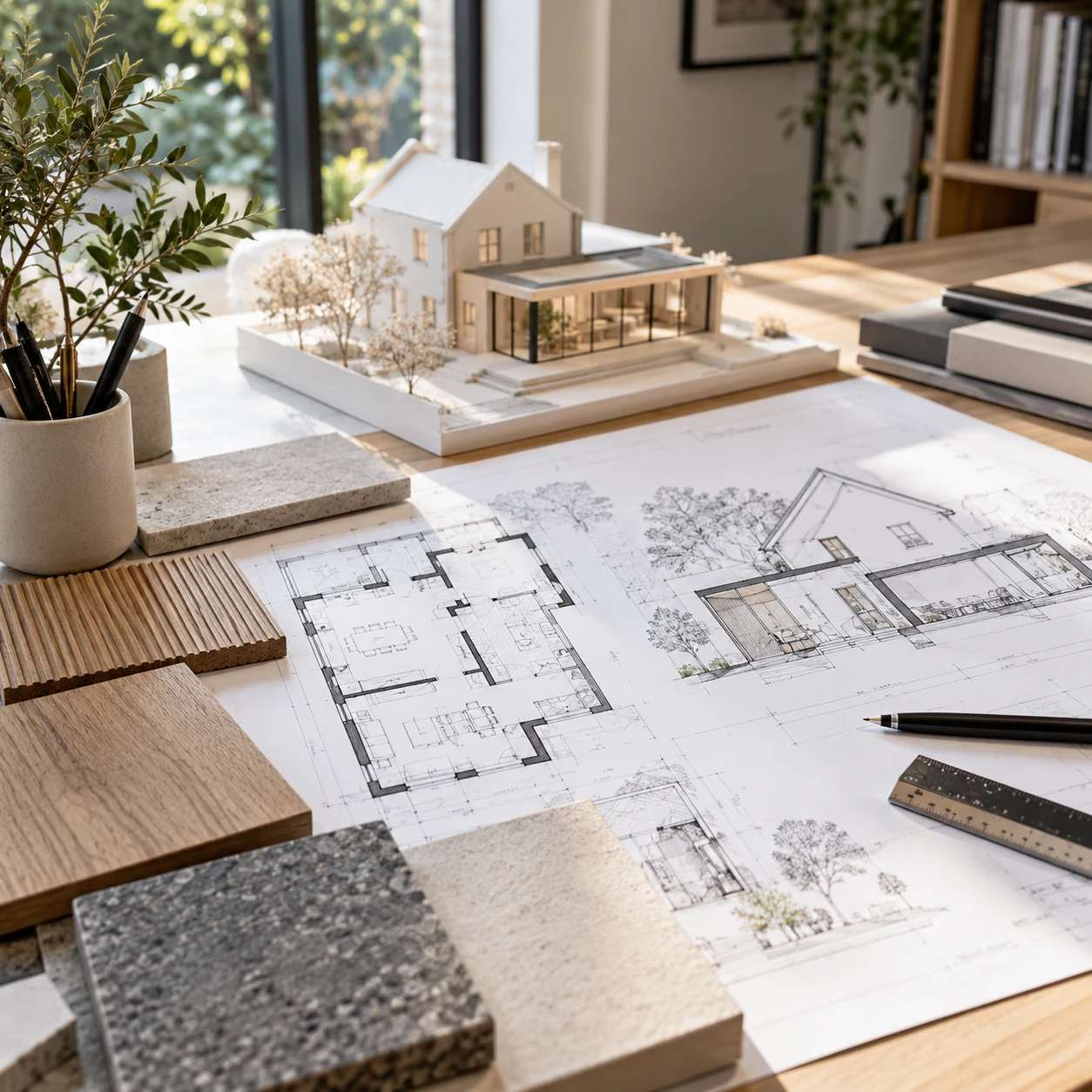 Architectural design desk with a residential house model, floor plans, material samples and drawing tools in natural daylight.