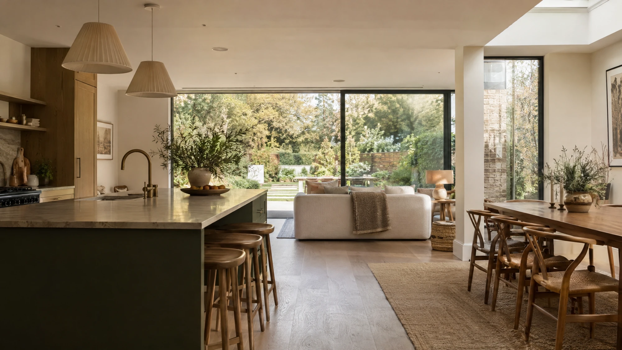 Contemporary open-plan kitchen, dining and living extension with large glazed doors opening to a garden.