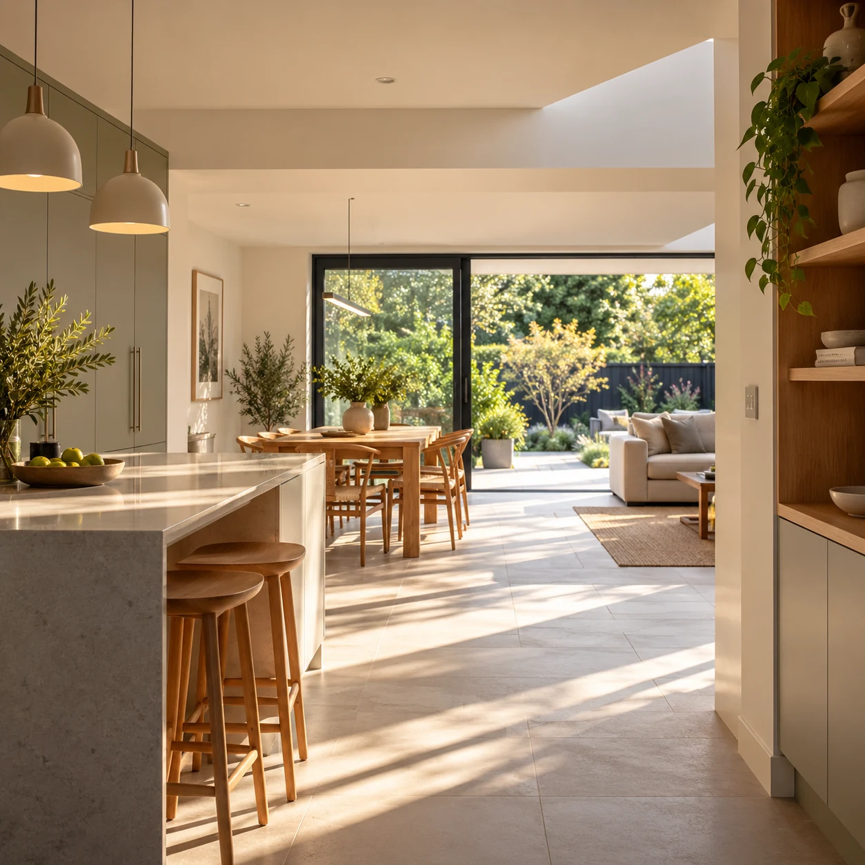 Open-plan kitchen, dining and living space with clear circulation, integrated storage and doors opening to the garden.