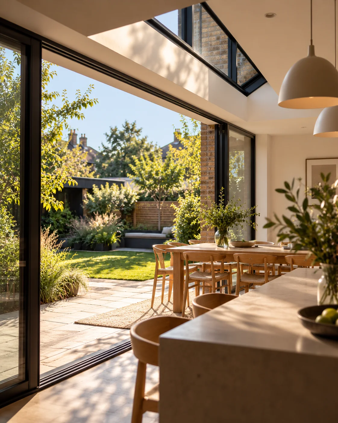Light-filled kitchen and dining space opening directly onto a landscaped garden through dark-framed glazing.