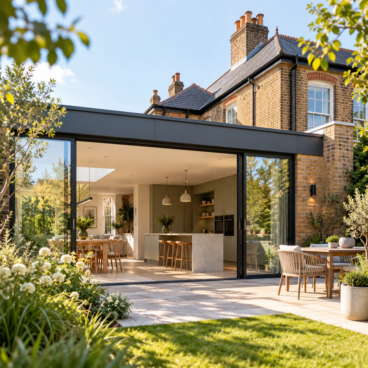 Period brick home with a contemporary glazed garden extension containing connected kitchen, dining and living spaces.