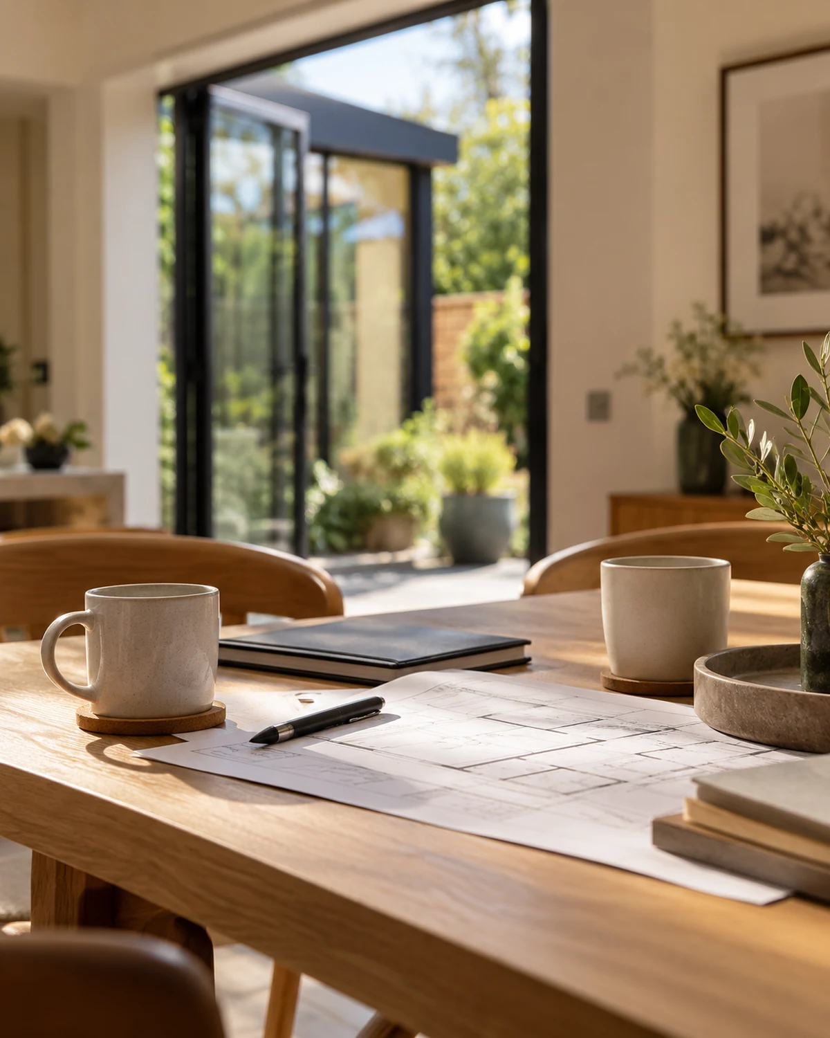 Two coffee cups, a notebook, pen and residential plan on a timber table in a bright garden-connected home interior.