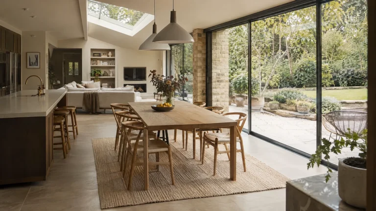 Open plan kitchen dining extension with garden views