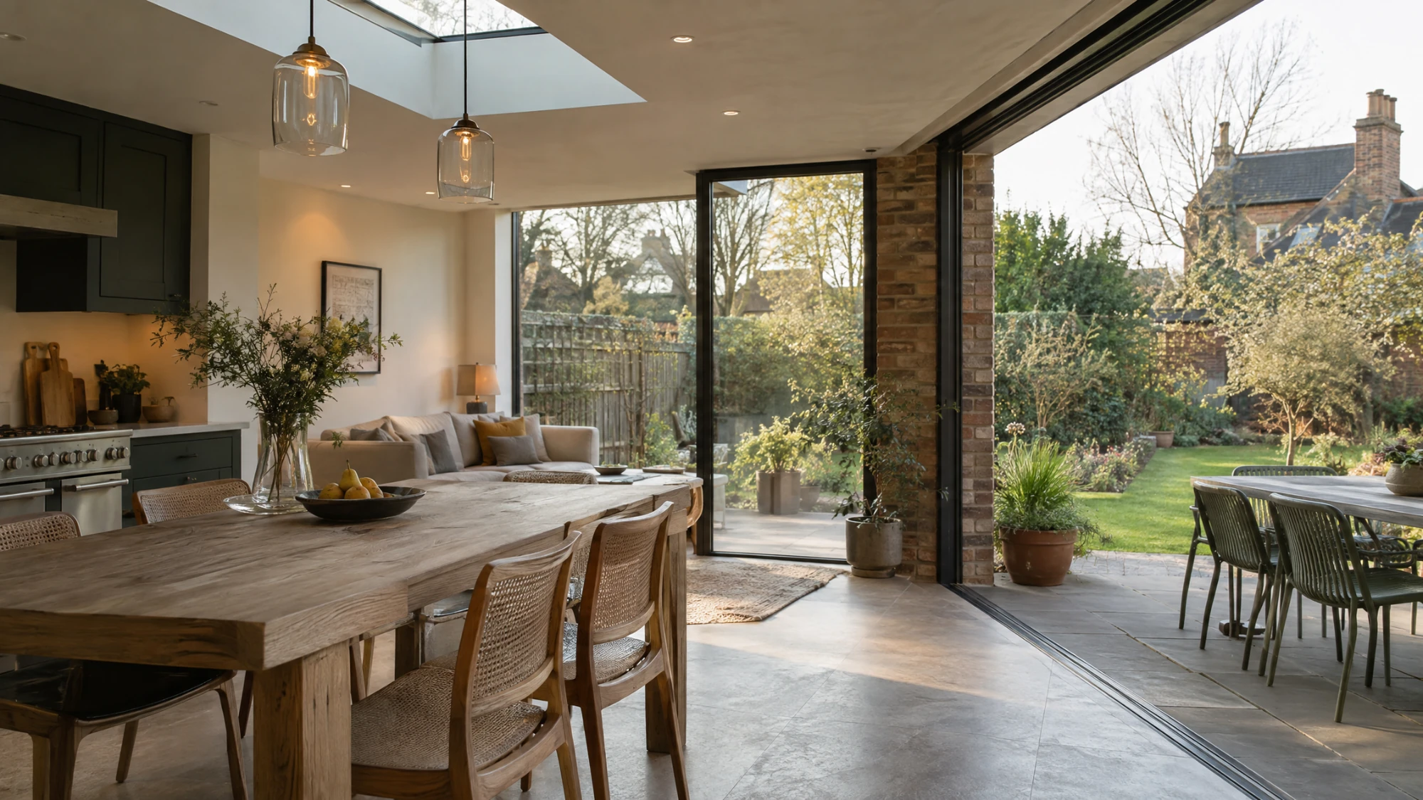 Open-plan kitchen extension with warm interior lighting and glazed doors opening to the garden.