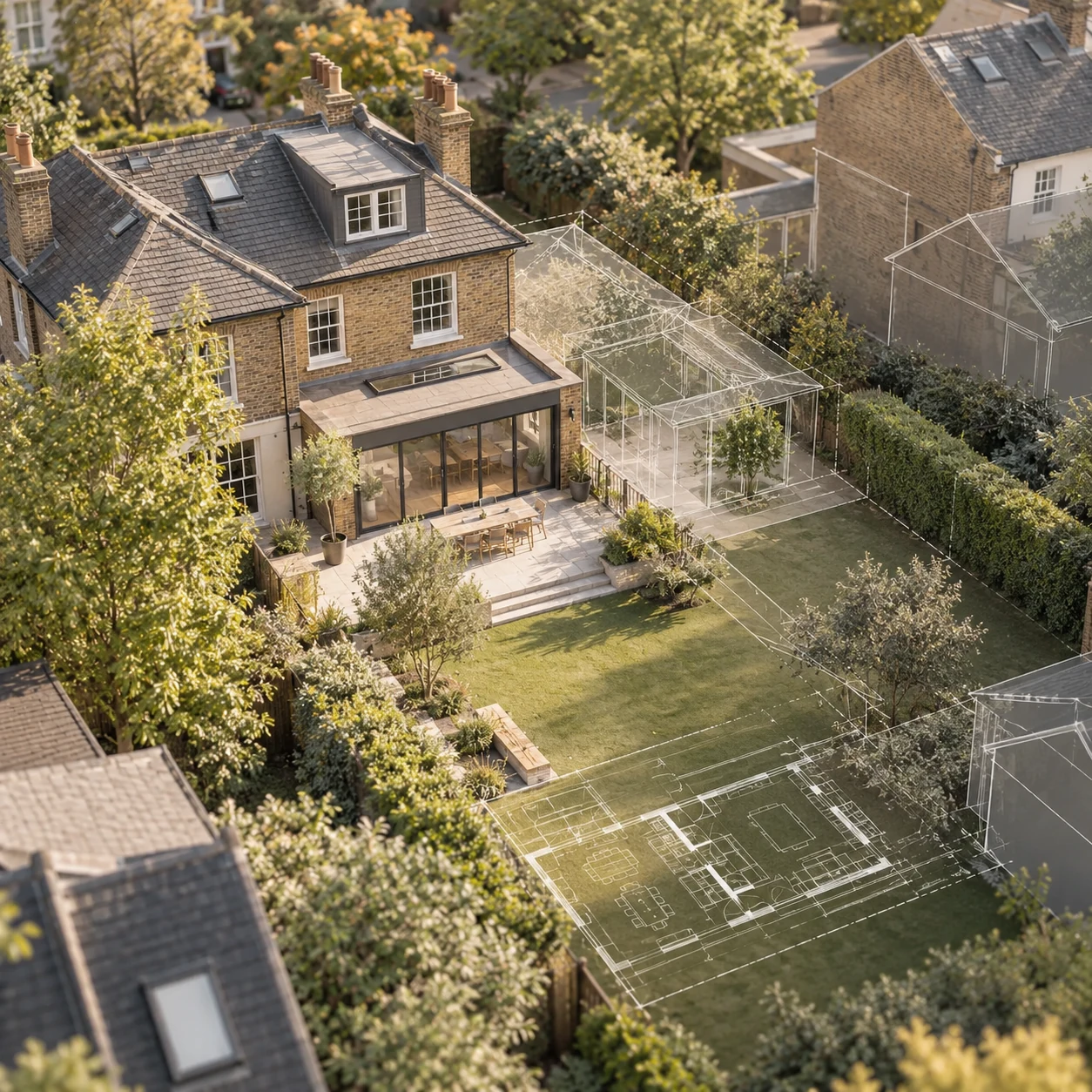 High oblique view of a British home and garden with subtle architectural planning and site-context overlays.