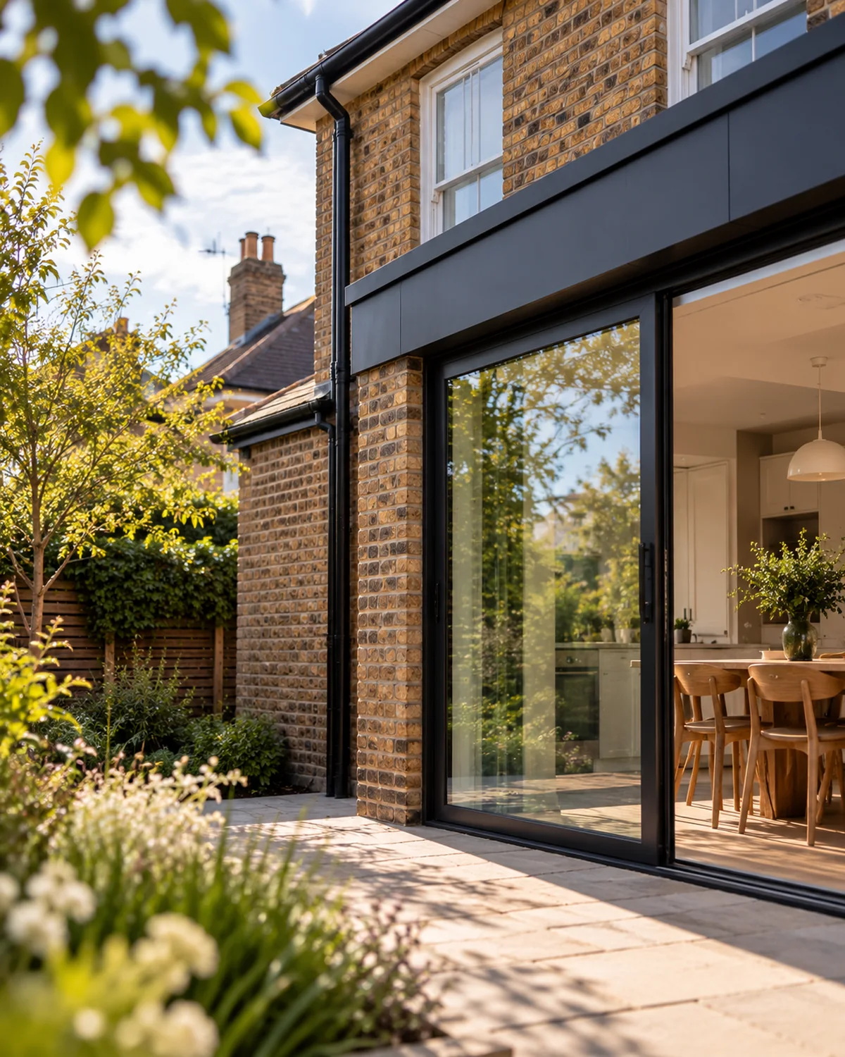 Brick house and black-framed glazing viewed beside a garden, showing the junction between existing and newer fabric.